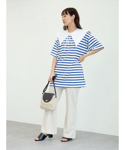 Green　Parks（グリーンパークス）の「2Way 襟×ボーダーチュニック＊（Tシャツ/カットソー・レディース・ライトブルー/ベージュ/ネイビー・FREE）」の13枚目の写真