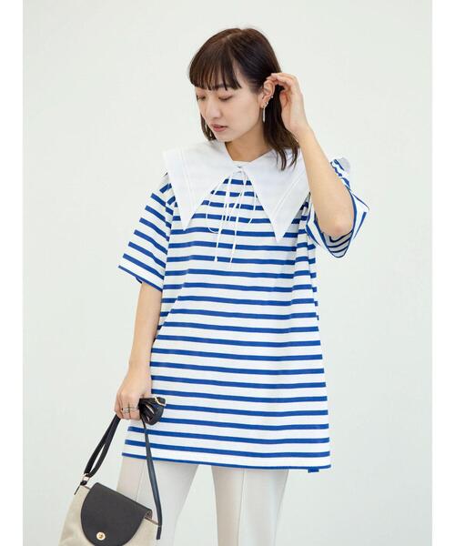 Green　Parks（グリーンパークス）の「2Way 襟×ボーダーチュニック＊（Tシャツ/カットソー・レディース・ライトブルー/ベージュ/ネイビー・FREE）」の15枚目の写真