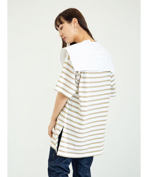 Green　Parks（グリーンパークス）の「2Way 襟×ボーダーチュニック＊（Tシャツ/カットソー・レディース・ライトブルー/ベージュ/ネイビー・FREE）」の18枚目の写真