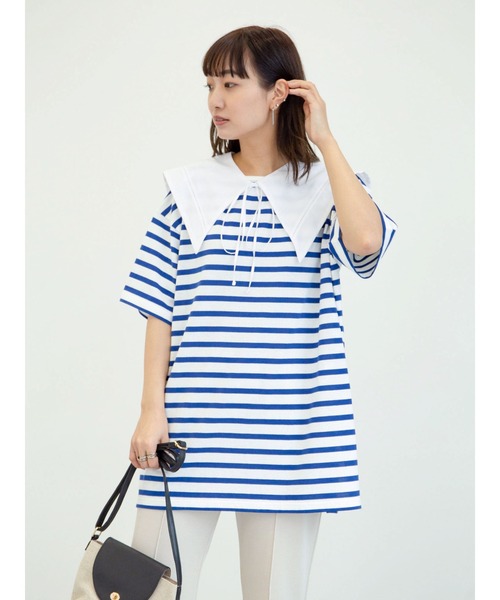 Green　Parks（グリーンパークス）の「2Way 襟×ボーダーチュニック＊（Tシャツ/カットソー・レディース・ライトブルー/ベージュ/ネイビー・FREE）」の21枚目の写真