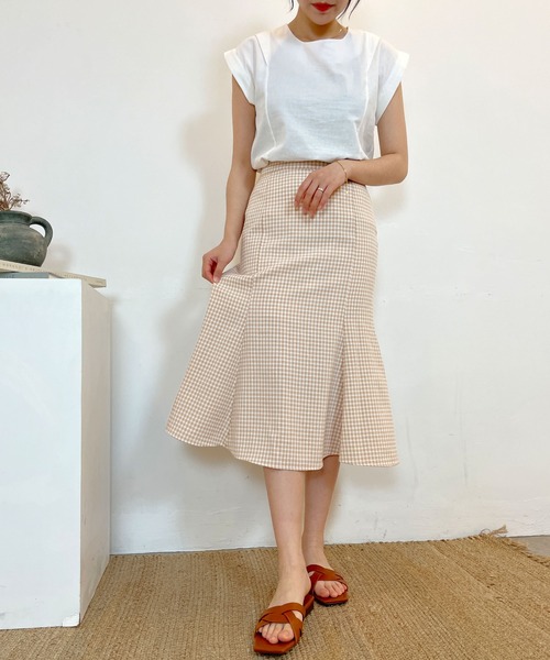 CEMONEMO（セモネモ）の「ワッシャー加工 ギンガムチェック フレアスカート（スカート・レディース・ライトブルー/ベージュ/ネイビー・FREE）」の5枚目の写真