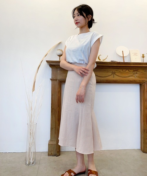 CEMONEMO（セモネモ）の「ワッシャー加工 ギンガムチェック フレアスカート（スカート・レディース・ライトブルー/ベージュ/ネイビー・FREE）」の7枚目の写真