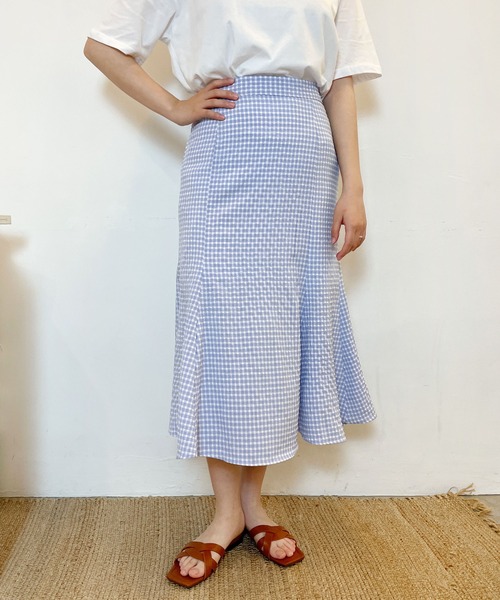 CEMONEMO（セモネモ）の「ワッシャー加工 ギンガムチェック フレアスカート（スカート・レディース・ライトブルー/ベージュ/ネイビー・FREE）」の10枚目の写真