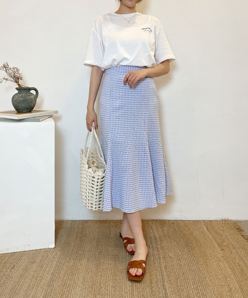 CEMONEMO（セモネモ）の「ワッシャー加工 ギンガムチェック フレアスカート（スカート・レディース・ライトブルー/ベージュ/ネイビー・FREE）」の12枚目の写真