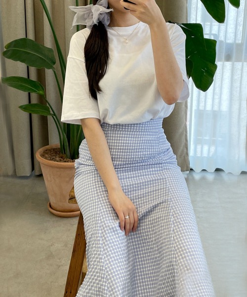 CEMONEMO（セモネモ）の「ワッシャー加工 ギンガムチェック フレアスカート（スカート・レディース・ライトブルー/ベージュ/ネイビー・FREE）」の13枚目の写真
