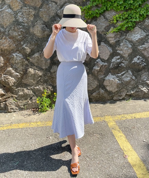 CEMONEMO（セモネモ）の「ワッシャー加工 ギンガムチェック フレアスカート（スカート・レディース・ライトブルー/ベージュ/ネイビー・FREE）」の14枚目の写真