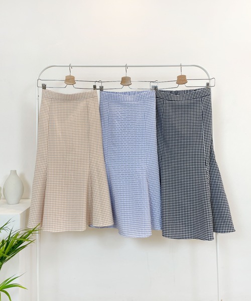 CEMONEMO（セモネモ）の「ワッシャー加工 ギンガムチェック フレアスカート（スカート・レディース・ライトブルー/ベージュ/ネイビー・FREE）」の16枚目の写真
