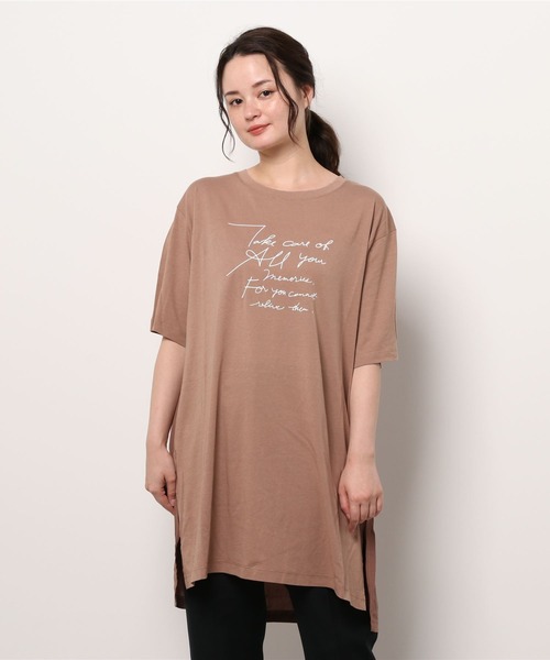 LBC(エルビーシー)の「フハク切り替えプリントロングtee(Tシャツ/カットソー・レディース・ブラウン/オフホワイト/チャコールグレー・M)」の1枚目の写真