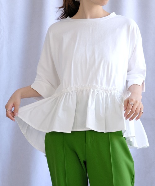 ANDJ(アンドジェイ)の「裾フリル異素材切替ドルマンTシャツ(Tシャツ/カットソー・レディース・ホワイト/ブラック・M)」の4枚目の写真