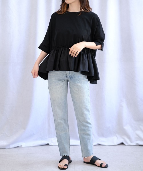 ANDJ(アンドジェイ)の「裾フリル異素材切替ドルマンTシャツ(Tシャツ/カットソー・レディース・ホワイト/ブラック・M)」の12枚目の写真