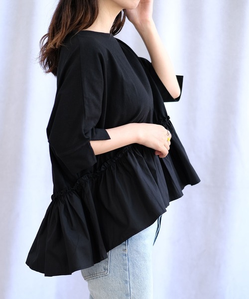 ANDJ(アンドジェイ)の「裾フリル異素材切替ドルマンTシャツ(Tシャツ/カットソー・レディース・ホワイト/ブラック・M)」の13枚目の写真