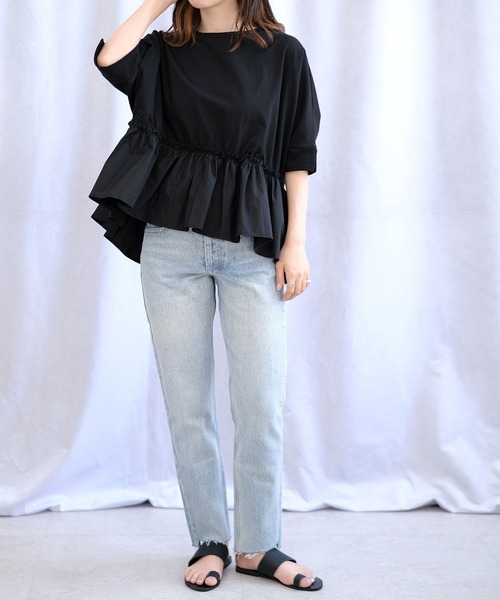 ANDJ(アンドジェイ)の「裾フリル異素材切替ドルマンTシャツ(Tシャツ/カットソー・レディース・ホワイト/ブラック・M)」の15枚目の写真