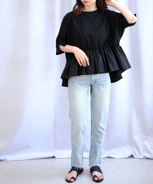 ANDJ(アンドジェイ)の「裾フリル異素材切替ドルマンTシャツ(Tシャツ/カットソー・レディース・ホワイト/ブラック・M)」の17枚目の写真