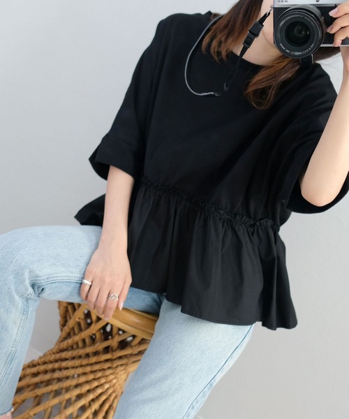 ANDJ(アンドジェイ)の「裾フリル異素材切替ドルマンTシャツ(Tシャツ/カットソー・レディース・ホワイト/ブラック・M)」の18枚目の写真