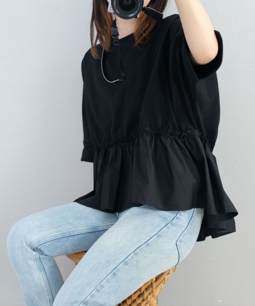 ANDJ(アンドジェイ)の「裾フリル異素材切替ドルマンTシャツ(Tシャツ/カットソー・レディース・ホワイト/ブラック・M)」の19枚目の写真