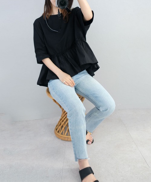 ANDJ(アンドジェイ)の「裾フリル異素材切替ドルマンTシャツ(Tシャツ/カットソー・レディース・ホワイト/ブラック・M)」の20枚目の写真