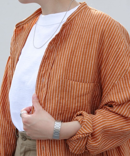 GYMPHLEX（ジムフレックス）の「GYMPHLEX/ジムフレックス　ストライプワンピース　L/STRIPE ONEPIECE（シャツワンピース・レディース・オレンジ/グレー・14）」の6枚目の写真