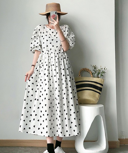 MYLAN マイラン リネンハートプリントボリュームスリーブドレス ワンピース