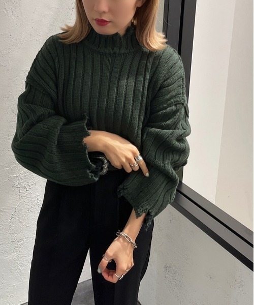 apres jour mignon（アプレジュールミニョン）の「モックネックダメージニット【ZOZOTOWN限定アイテム】（ニット/セーター・レディース・ブラック/ダークグリーン/アイボリー/ダークブルー・X-LARGE/フリー）」の16枚目の写真