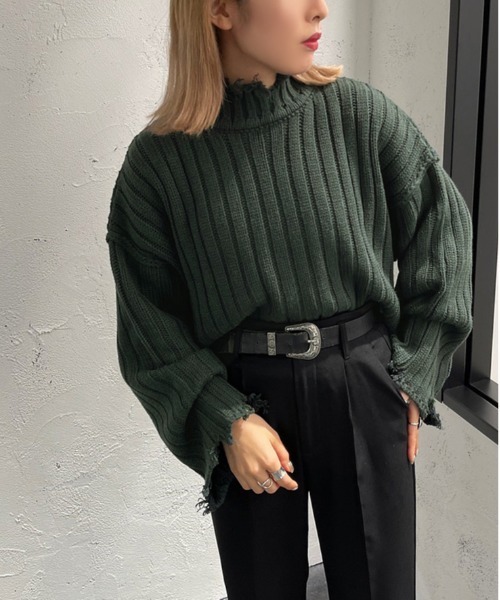 apres jour mignon（アプレジュールミニョン）の「モックネックダメージニット【ZOZOTOWN限定アイテム】（ニット/セーター・レディース・ブラック/ダークグリーン/アイボリー/ダークブルー・X-LARGE/フリー）」の17枚目の写真