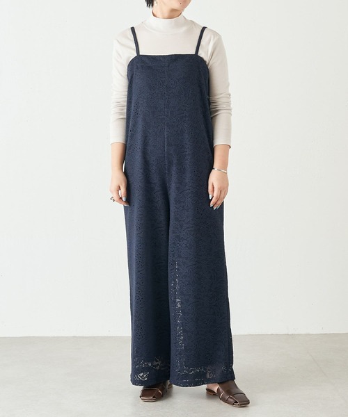 BEARDSLEY（ビアズリー）の「オーガニックコットン 日本製レース レースサロペット（サロペット/オーバーオール・レディース・アイボリー/ネイビー・FREE）」の2枚目の写真