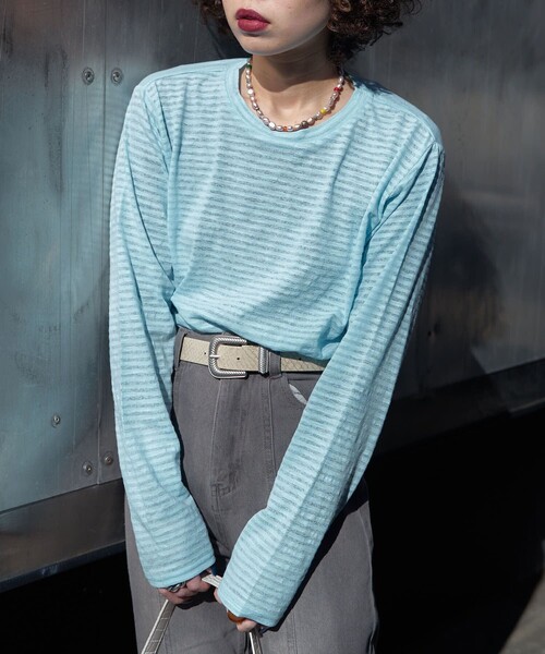 PUBLUX（パブリュクス）の「【PUBLUX/パブリュクス】 シアーボーダーロングスリーブTシャツ（Tシャツ/カットソー・レディース・ブラウン/サックスブルー/ピンク/ラベンダー・ﾌﾘ-）」の3枚目の写真