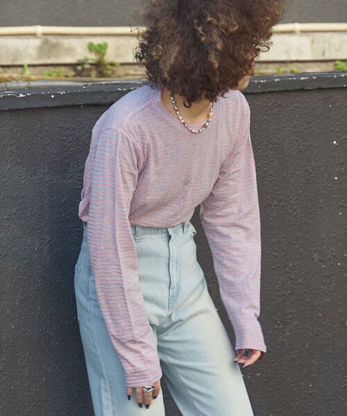 PUBLUX（パブリュクス）の「【PUBLUX/パブリュクス】 シアーボーダーロングスリーブTシャツ（Tシャツ/カットソー・レディース・ブラウン/サックスブルー/ピンク/ラベンダー・ﾌﾘ-）」の5枚目の写真