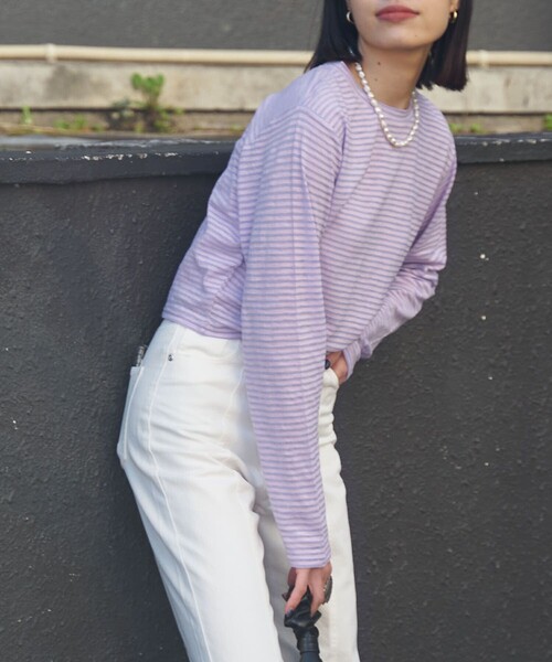 PUBLUX（パブリュクス）の「【PUBLUX/パブリュクス】 シアーボーダーロングスリーブTシャツ（Tシャツ/カットソー・レディース・ブラウン/サックスブルー/ピンク/ラベンダー・ﾌﾘ-）」の21枚目の写真