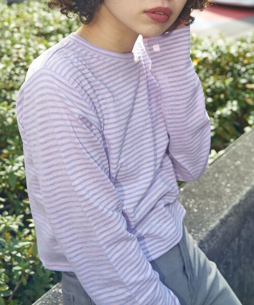 PUBLUX（パブリュクス）の「【PUBLUX/パブリュクス】 シアーボーダーロングスリーブTシャツ（Tシャツ/カットソー・レディース・ブラウン/サックスブルー/ピンク/ラベンダー・ﾌﾘ-）」の14枚目の写真