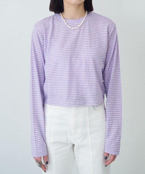 PUBLUX（パブリュクス）の「【PUBLUX/パブリュクス】 シアーボーダーロングスリーブTシャツ（Tシャツ/カットソー・レディース・ブラウン/サックスブルー/ピンク/ラベンダー・ﾌﾘ-）」の11枚目の写真