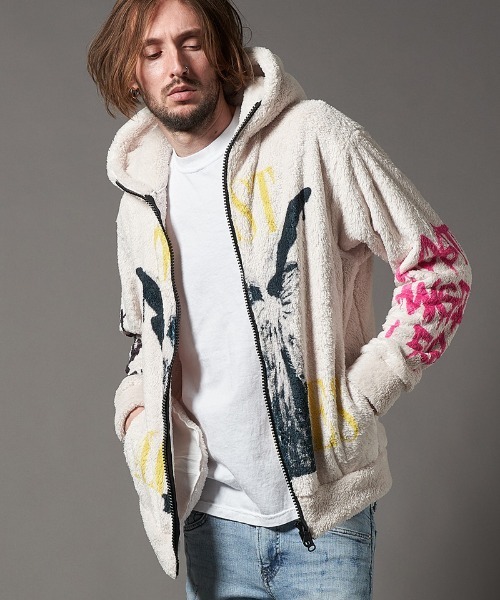 STUD MUFFIN(スタッドマフィン)の「mpa2884-コーラルフリースボアLOSTANGELES ビックジップパーカー(パーカー・メンズ・オフホワイト・2/3/4)」の2枚目の写真