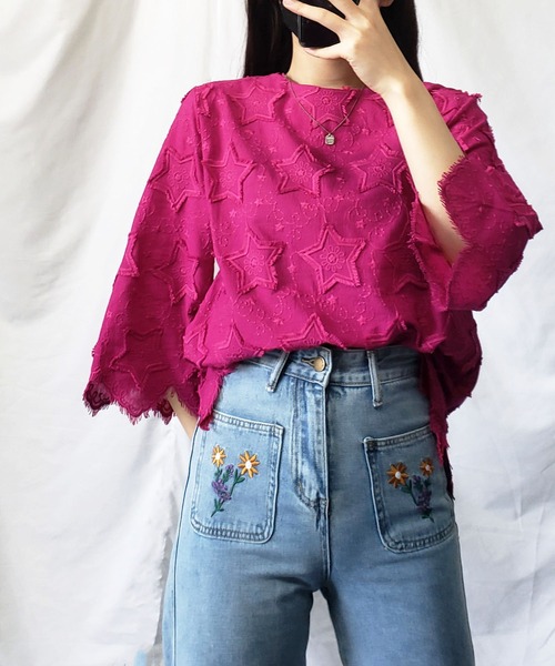 me+em select(ミームセレクト)の「星柄総刺繍フリンジカラーブラウス(シャツ/ブラウス・レディース・コーラルピンク/マスタード/ホワイト/ブラック・FREE)」の15枚目の写真