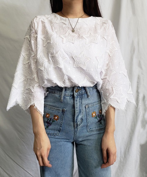 me+em select(ミームセレクト)の「星柄総刺繍フリンジカラーブラウス(シャツ/ブラウス・レディース・コーラルピンク/マスタード/ホワイト/ブラック・FREE)」の19枚目の写真
