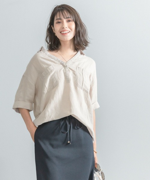 BAYFLOW（ベイフロー）の「リネンスキッパーシャツ（シャツ/ブラウス・レディース・ブラック/ベージュ/カーキ/オレンジ・FREE）」の7枚目の写真