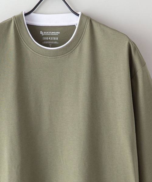 Blue Standard （ブルースタンダード）の「【BLUE STANDARD/ブルースタンダード】ZEROSTZEROSTAIN ゼロステイン 汗染みの目立ちにくいTシャツ　UVカット　撥水性　汚れが付きにくい　フェイクレイヤード7分袖Tシャツ（Tシャツ/カットソー・メンズ・ホワイト/ブラック/ベージュ/オリーブ/ブルー・MEDIUM/LARGE/X-LARGE）」の18枚目の写真