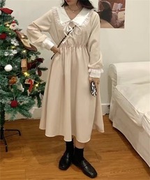 フリル衿Wレースアップフレアワンピース