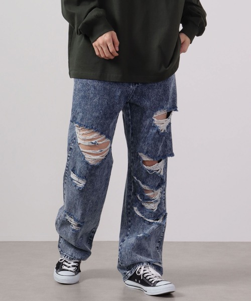 【セール】MARENGO ダメージデニムワイドパンツ（デニムパンツ）｜FUNALIVE（ファンアライブ）