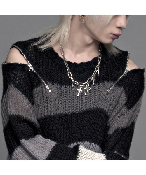 CIVARIZE（シヴァーライズ）の「『CIVARIZE/シヴァーライズ』ショルダーZIPモヘア混グラデーションボーダーニット（ニット/セーター・メンズ・ブラック×ホワイト/ブラック×レッド・FREE）」の4枚目の写真