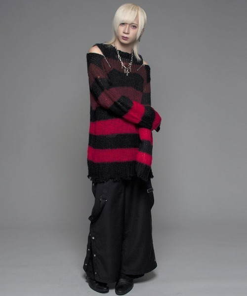 CIVARIZE（シヴァーライズ）の「『CIVARIZE/シヴァーライズ』ショルダーZIPモヘア混グラデーションボーダーニット（ニット/セーター・メンズ・ブラック×ホワイト/ブラック×レッド・FREE）」の7枚目の写真