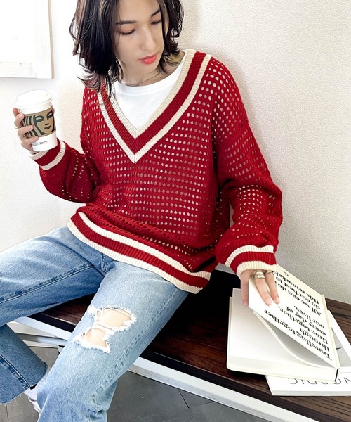classicalelf（クラシカルエルフ）の「Ｖネック配色メッシュニットトップス（ニット/セーター・レディース・グリーン/グレイッシュベージュ/ネイビー×ホワイト/ブラック/レッド・X-LARGE/MEDIUM/LARGE）」の17枚目の写真