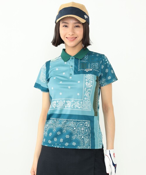 BEAMS GOLF ORANGELABEL バンダナ オープンカラーシャツ WOMEN〉BEAMS GOLF ORANGE LABEL ⁄ バンダナプリント ポロシャツ