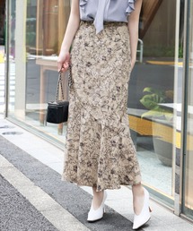 【La mieux】アンティーク調フラワープリントアシンメトリー切り替えマーメイドロングスカート オフィス ビジネス フォーマル