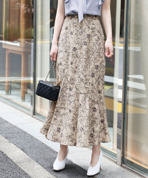 セール】【La mieux】アンティーク調フラワープリントアシンメトリー