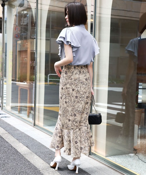 セール】【La mieux】アンティーク調フラワープリントアシンメトリー