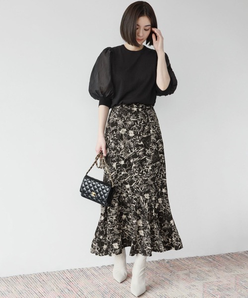 セール】【La mieux】アンティーク調フラワープリントアシンメトリー