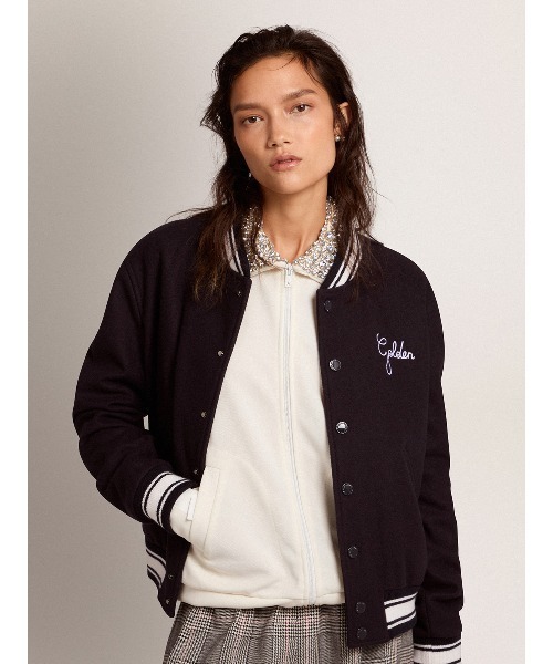 レディース ボンバージャケット ダークブルー ウール ホワイト