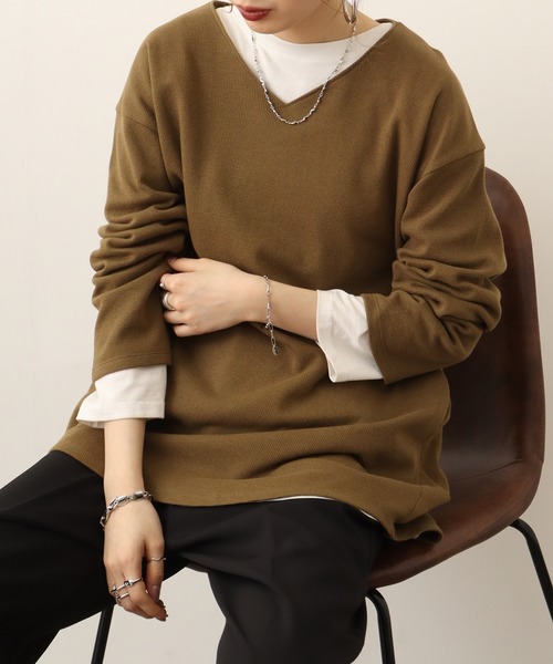 atONE(アットワン)の「atONE ワッフルロングスリーブプルオーバー(Tシャツ/カットソー・レディース・ブラック/杢グレー/カーキ/パープル/オレンジ/ホワイト/ネイビー・M~L/4L~5L/LL~3L)」の4枚目の写真