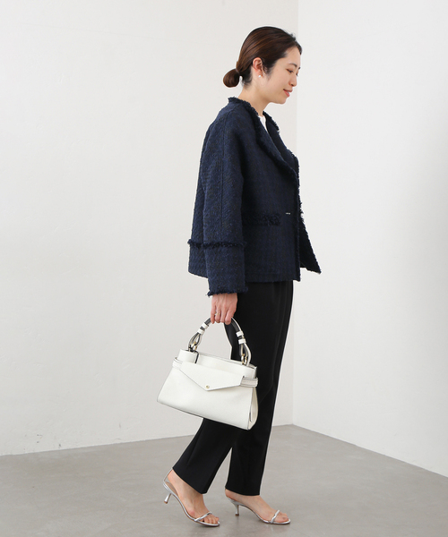 22SS IENAイエナ Wクロス トリミングジャケット◆ツイード ネイビー 22SS IENAイエナ Wクロス トリミングジャケット◇ツイード ネイビー