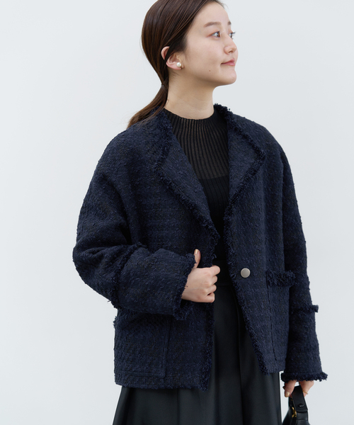 イエナ IENA ＆NAVY ノーカラーツイードジャケット （ネイビー