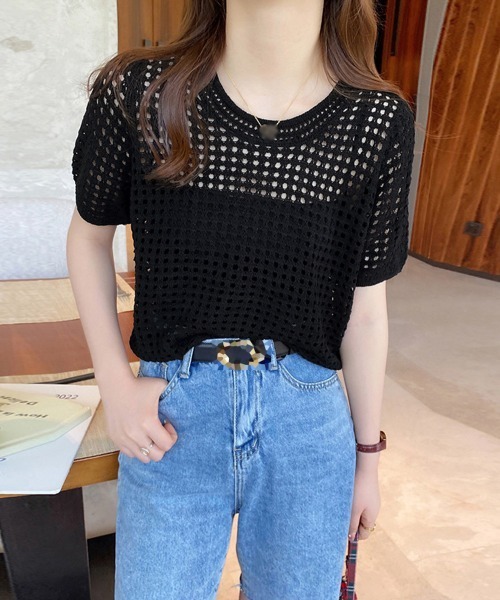 Miniministore(ミニミニストア)の「メッシュサマーニット レディース半袖 夏服半袖(Tシャツ/カットソー・レディース・ホワイト/ベージュ/ブラック・FREE)」の21枚目の写真